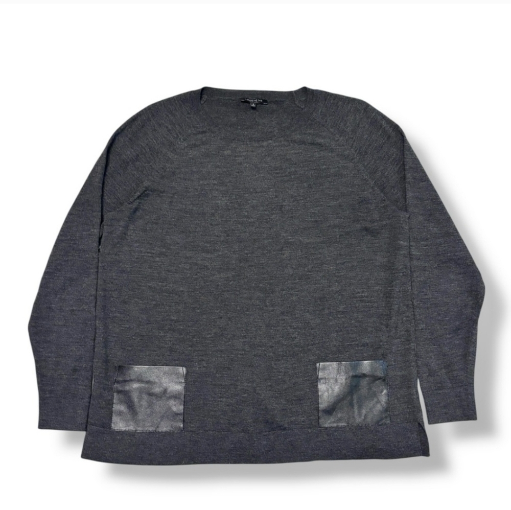 LAFAYETTE 148 Grey Wool Round Neck Sweater Vegan Leather Patch Pockets - Picture 9 of 9
